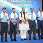 Rajnath Singh with Gaganyatris CDS and Chief of Air Staff
