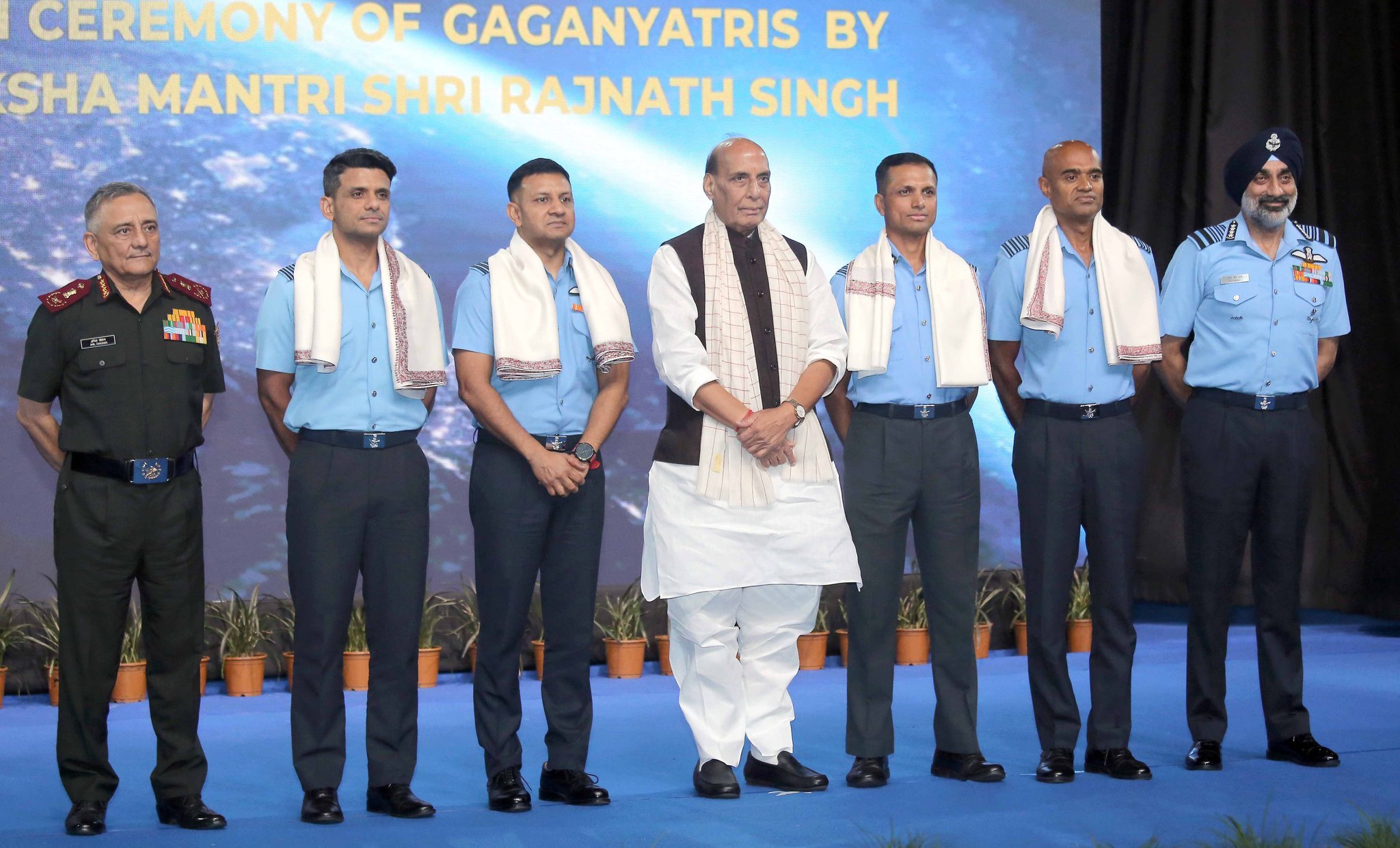 Rajnath Singh with Gaganyatris CDS and Chief of Air Staff