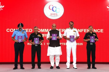 Defence Minister Rajnath Singh with Air Chief Marshal AP Singh Admiral DK Tripathi General Anil Chauhan and General Upendra Dwivedi