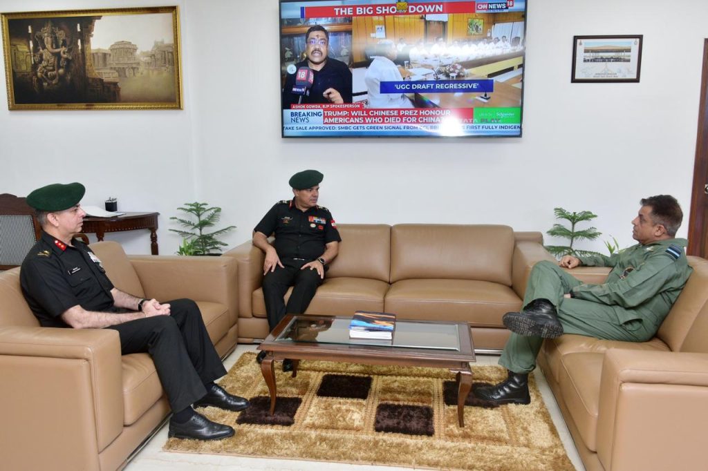 Lt Gen Rathee Air Marshal Kapoor and One Other Officer Having Discussions