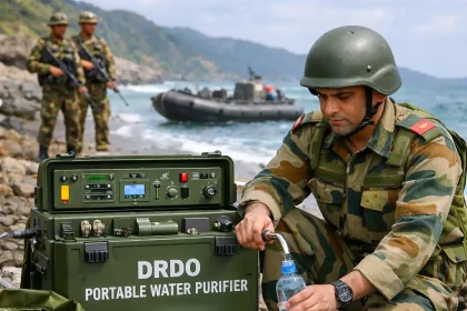 AI Image of Soldier Using Portable Water Purifier