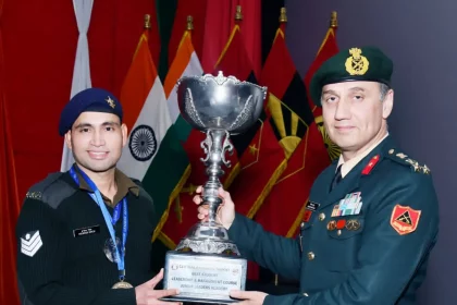 Brigadier Gaurav Kapoor Giving Trophy to Havildar Indresh Singh