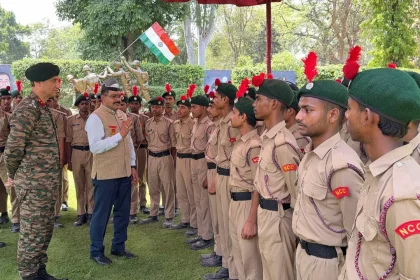 Sub Maj Hony Capt Yogendra Singh Yadav Talking with NCC Cadets