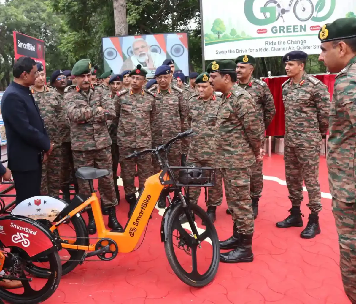Lt Gen Rajesh Pushkar Reviewing Smart Bike