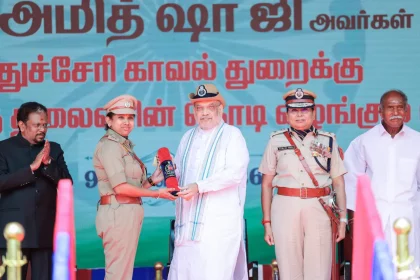 Amit Shah presents President’s Colour to Puducherry Police in historic ceremony at Gorimedu