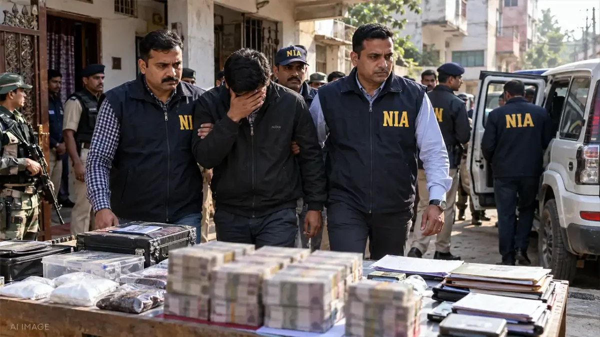 NIA Officers Escort Suspect Past Seized Evidence