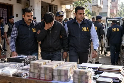 NIA Officers Escort Suspect Past Seized Evidence