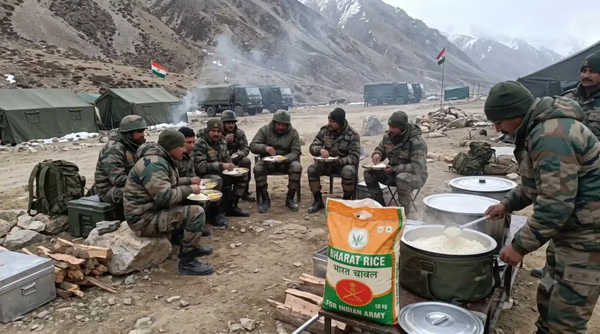 Troops Eating Bharat Rice